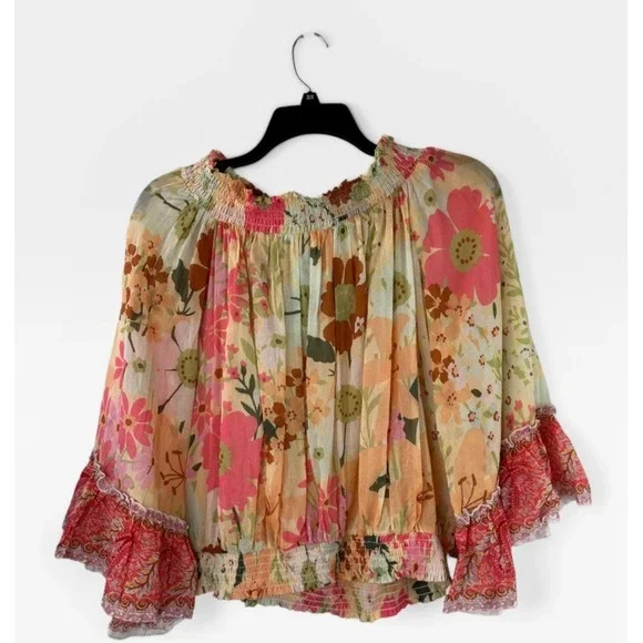 Aratta Silent Journey Daisy Floral Ruffled Cotton Blouse Off The Shoulder Large - Picture 14 of 14